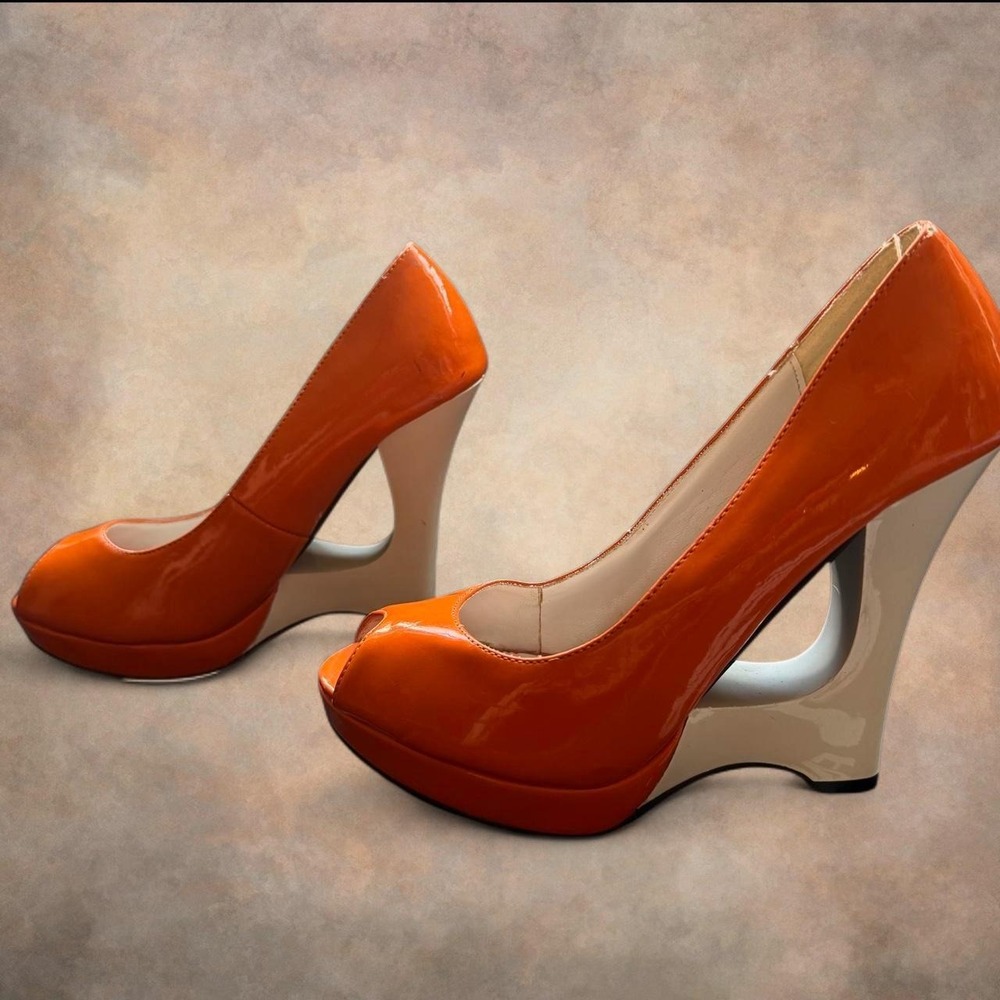 Abstract Orange High Heel Peep toe with abstract white chunky heel